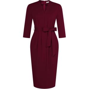 GRACE KARIN Womens Work Dresses V Neck 3/4 Sleeve Back Zipper Tie Waist Bodycon Dress Office Cocktail Dress with Pockets(Burgundy)