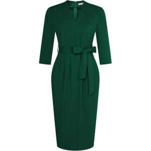 GRACE KARIN Womens Work Dresses V Neck 3/4 Sleeve Back Zipper Tie Waist Bodycon Dress Office Cocktail Dress with Pockets(Dark Green)