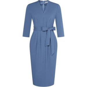 GRACE KARIN Womens Work Dresses V Neck 3/4 Sleeve Back Zipper Tie Waist Bodycon Dress Office Cocktail Dress with Pockets(Dusty Blue)