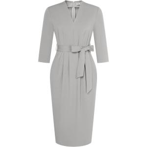 GRACE KARIN Womens Work Dresses V Neck 3/4 Sleeve Back Zipper Tie Waist Bodycon Dress Office Cocktail Dress with Pockets(Gray)