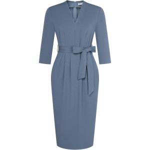 GRACE KARIN Womens Work Dresses V Neck 3/4 Sleeve Back Zipper Tie Waist Bodycon Dress Office Cocktail Dress with Pockets(Gray Blue)