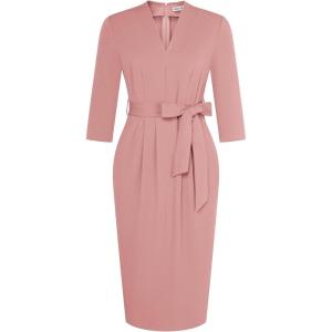 GRACE KARIN Womens Work Dresses V Neck 3/4 Sleeve Back Zipper Tie Waist Bodycon Dress Office Cocktail Dress with Pockets(Gray Pink)