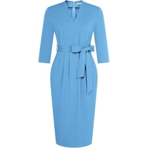 GRACE KARIN Womens Work Dresses V Neck 3/4 Sleeve Back Zipper Tie Waist Bodycon Dress Office Cocktail Dress with Pockets(Light Blue)