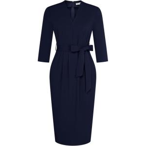 GRACE KARIN Womens Work Dresses V Neck 3/4 Sleeve Back Zipper Tie Waist Bodycon Dress Office Cocktail Dress with Pockets(Navy Blue)
