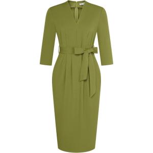 GRACE KARIN Womens Work Dresses V Neck 3/4 Sleeve Back Zipper Tie Waist Bodycon Dress Office Cocktail Dress with Pockets(Olive Green)