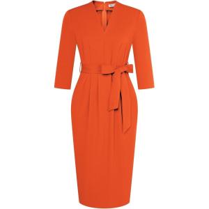 GRACE KARIN Womens Work Dresses V Neck 3/4 Sleeve Back Zipper Tie Waist Bodycon Dress Office Cocktail Dress with Pockets(Orange)
