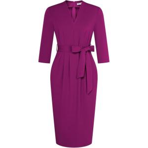 GRACE KARIN Womens Work Dresses V Neck 3/4 Sleeve Back Zipper Tie Waist Bodycon Dress Office Cocktail Dress with Pockets(Pink Purple)