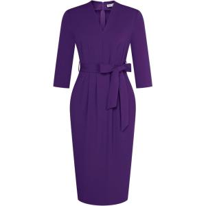 GRACE KARIN Womens Work Dresses V Neck 3/4 Sleeve Back Zipper Tie Waist Bodycon Dress Office Cocktail Dress with Pockets(Purple)