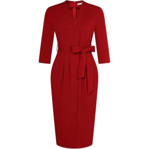 GRACE KARIN Womens Work Dresses V Neck 3/4 Sleeve Back Zipper Tie Waist Bodycon Dress Office Cocktail Dress with Pockets(Red)