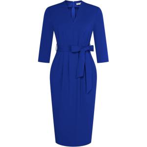 GRACE KARIN Womens Work Dresses V Neck 3/4 Sleeve Back Zipper Tie Waist Bodycon Dress Office Cocktail Dress with Pockets(Royal Blue)