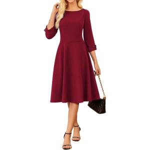 GRACE KARIN Work Dresses for Women 2025 3/4 Sleeve Fit and Flare Business Midi Dress Classy Office Dresses with Pockets(Wine Red)