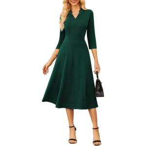 GRACE KARIN Work Dresses for Women 2025,Midi Business Dress,3/4 Sleeve Classy Fit and Flare Dress with Pocket(Dark Green)