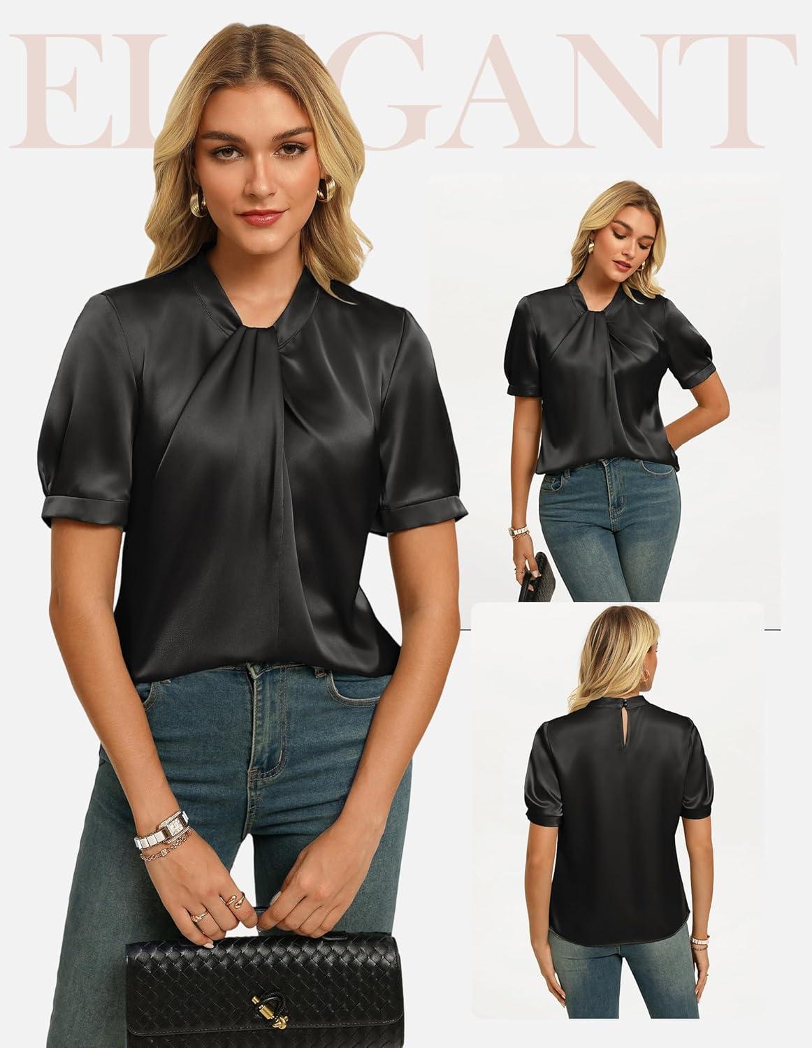 imageGRACE KARIN Dressy Tops for WomenShort Sleeve Satin BlouseBusiness Casual Office TopBlack
