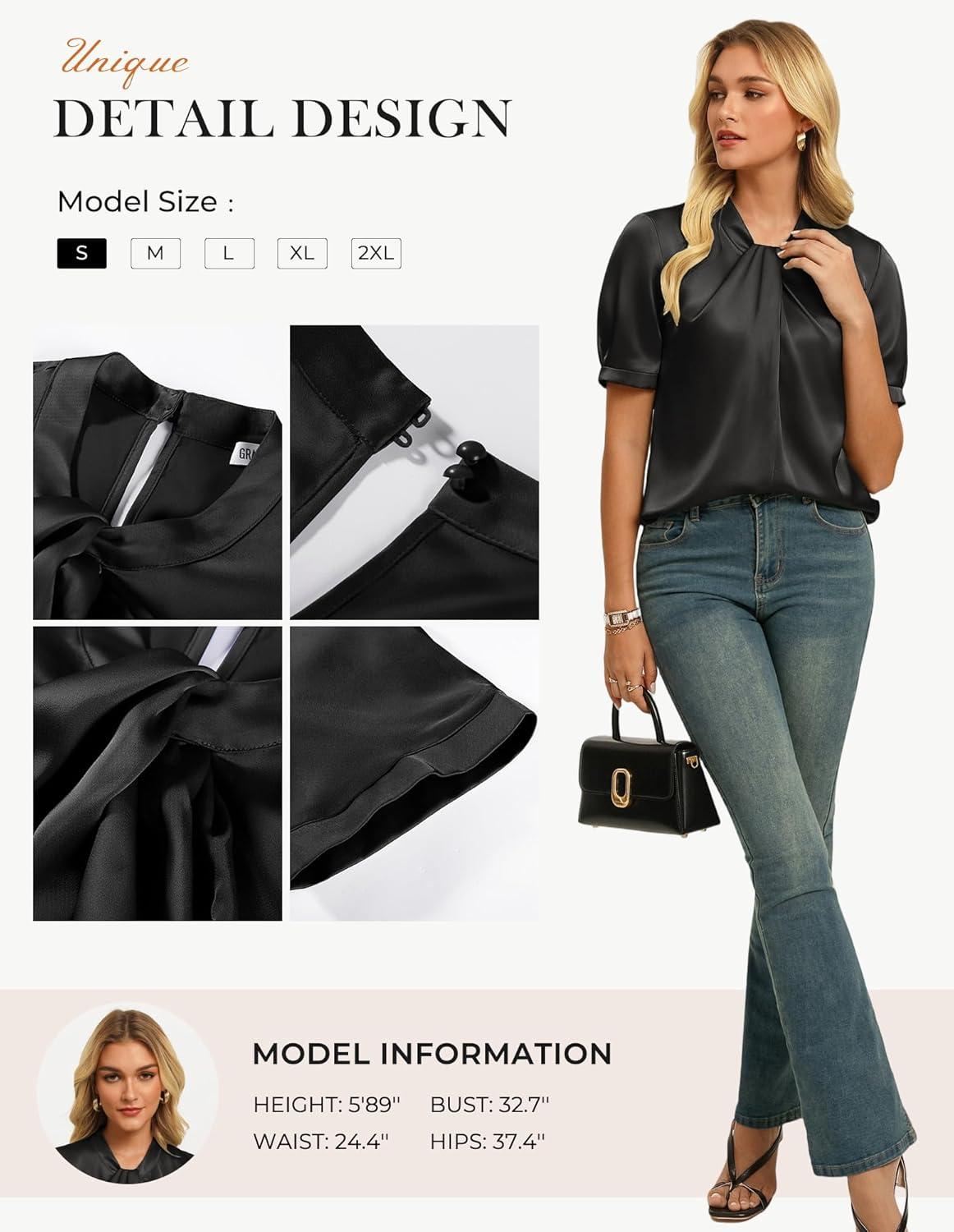 imageGRACE KARIN Dressy Tops for WomenShort Sleeve Satin BlouseBusiness Casual Office TopBlack