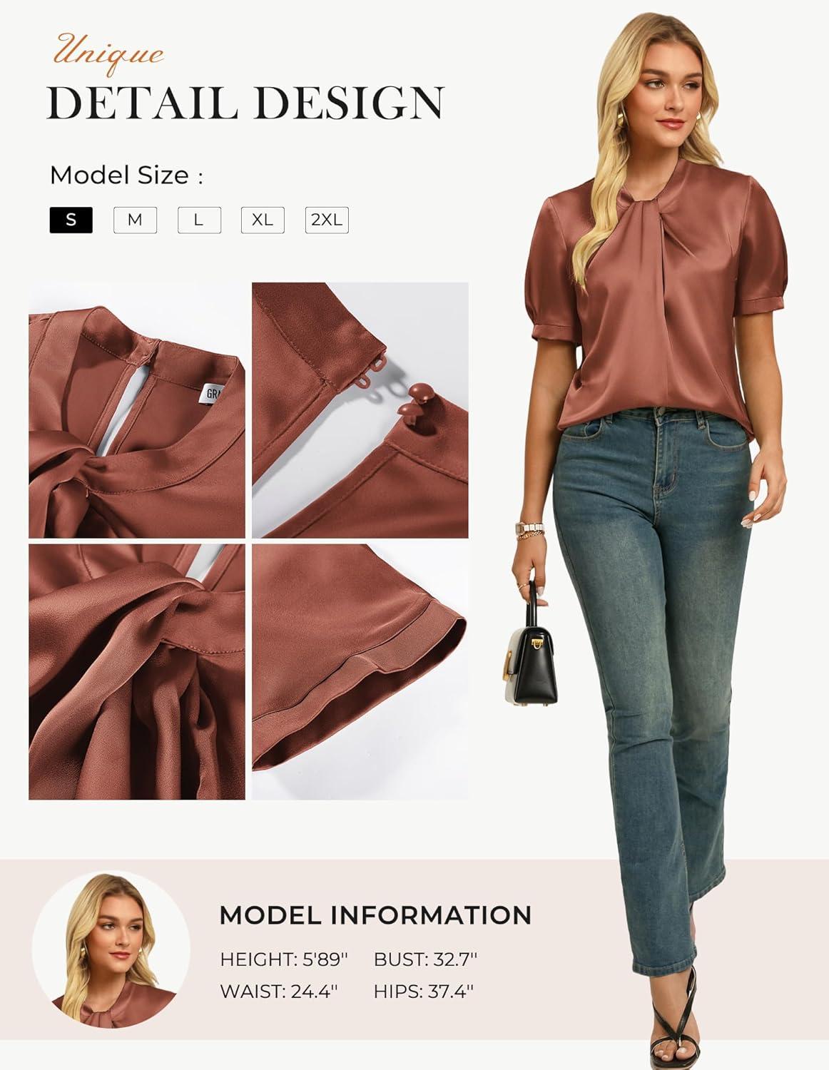 imageGRACE KARIN Dressy Tops for WomenShort Sleeve Satin BlouseBusiness Casual Office TopBrown