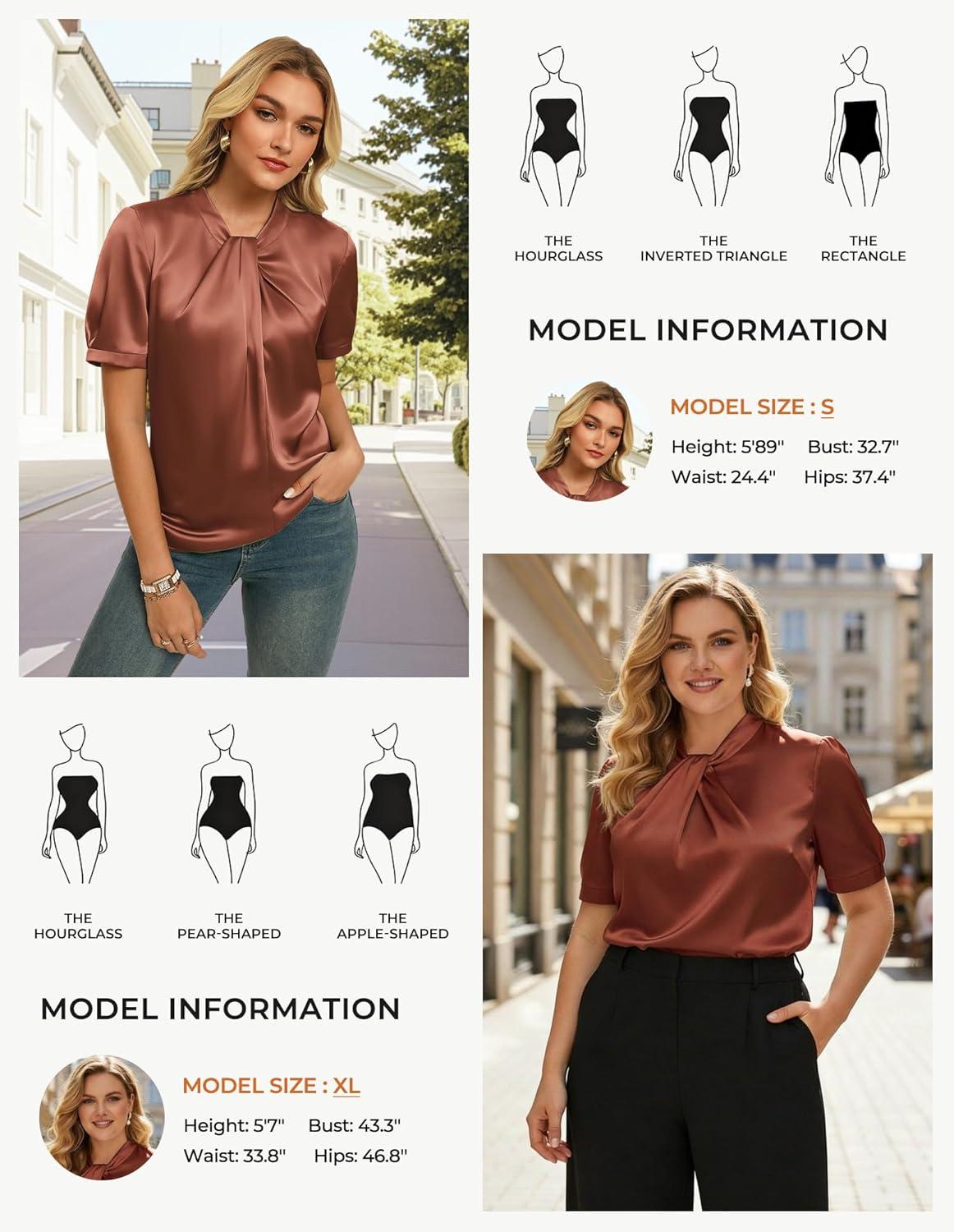 imageGRACE KARIN Dressy Tops for WomenShort Sleeve Satin BlouseBusiness Casual Office TopBrown