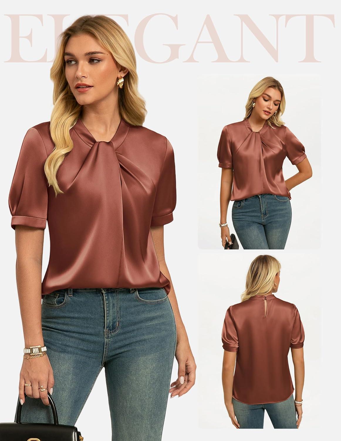 imageGRACE KARIN Dressy Tops for WomenShort Sleeve Satin BlouseBusiness Casual Office TopBrown