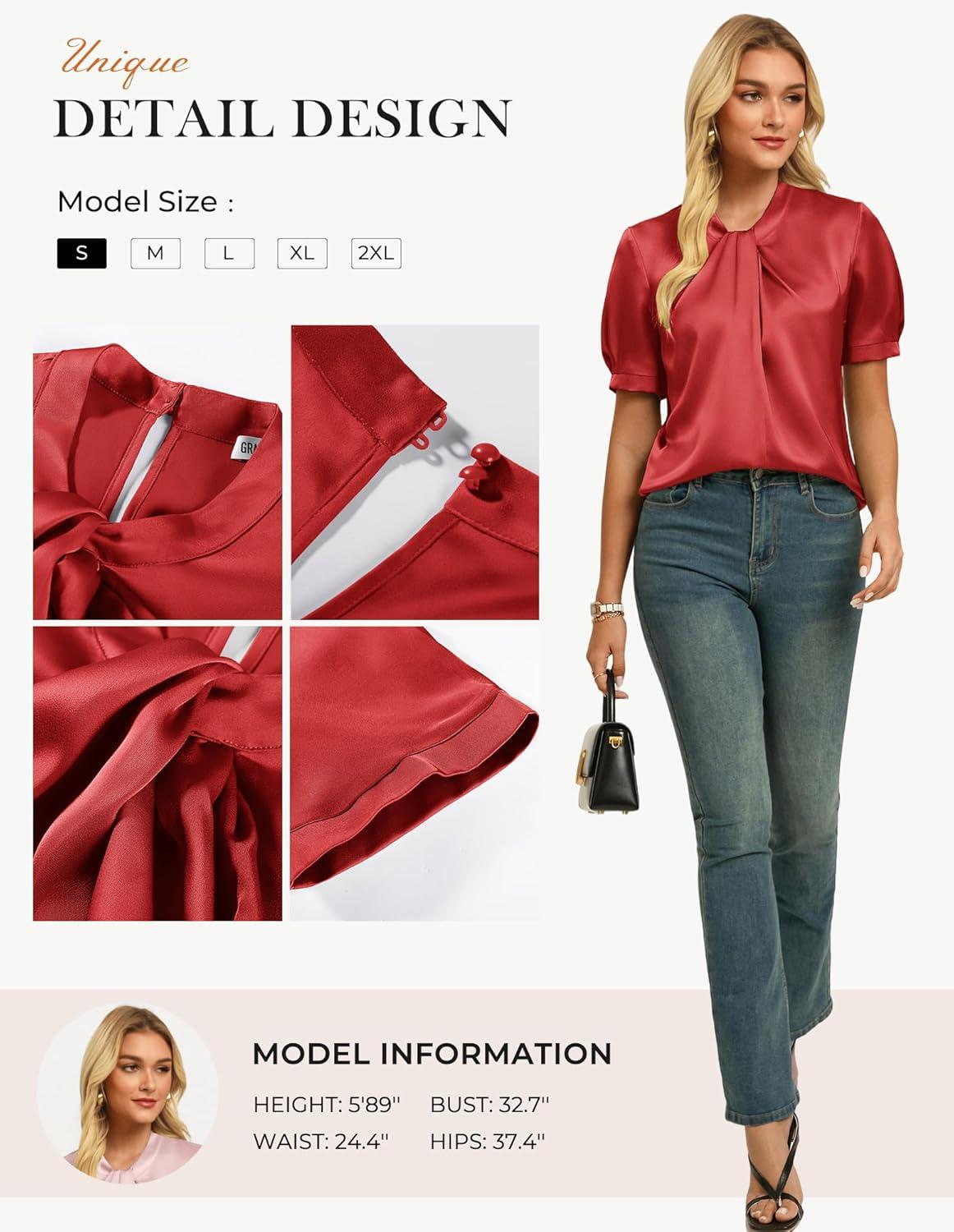 imageGRACE KARIN Dressy Tops for WomenShort Sleeve Satin BlouseBusiness Casual Office TopBurgundy