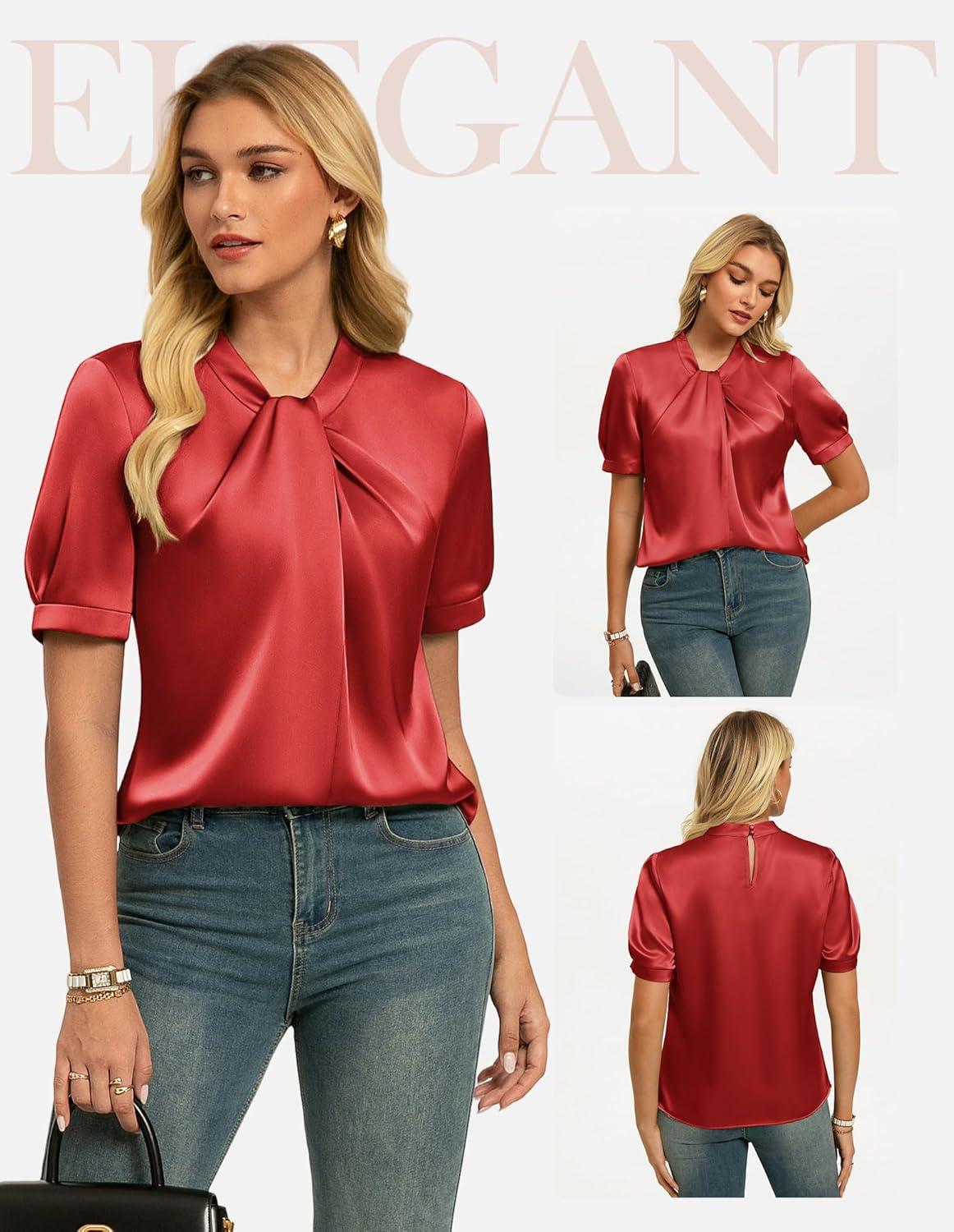 imageGRACE KARIN Dressy Tops for WomenShort Sleeve Satin BlouseBusiness Casual Office TopBurgundy