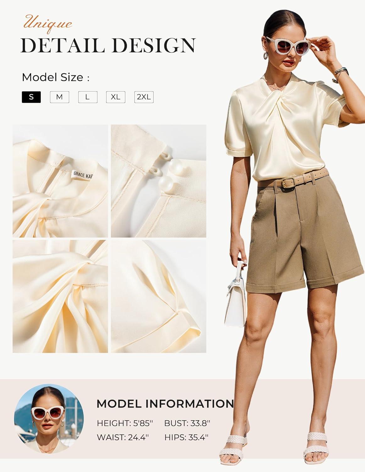 imageGRACE KARIN Dressy Tops for WomenShort Sleeve Satin BlouseBusiness Casual Office TopChampagne