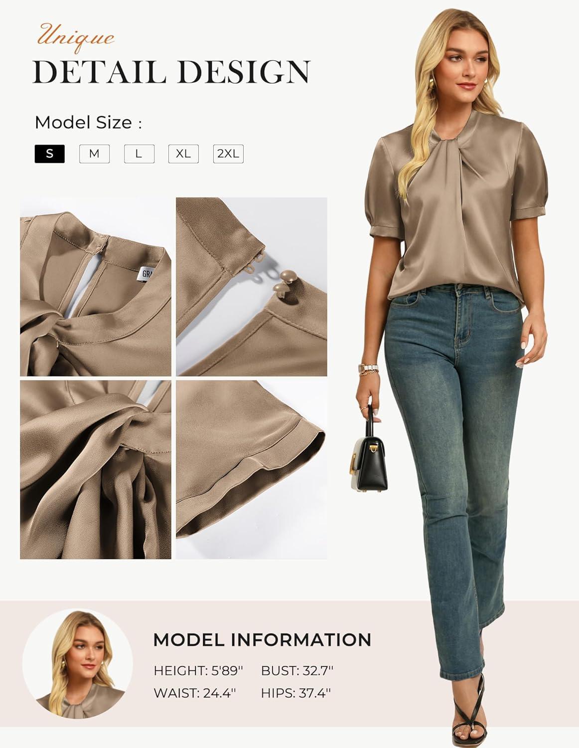imageGRACE KARIN Dressy Tops for WomenShort Sleeve Satin BlouseBusiness Casual Office TopKhaki