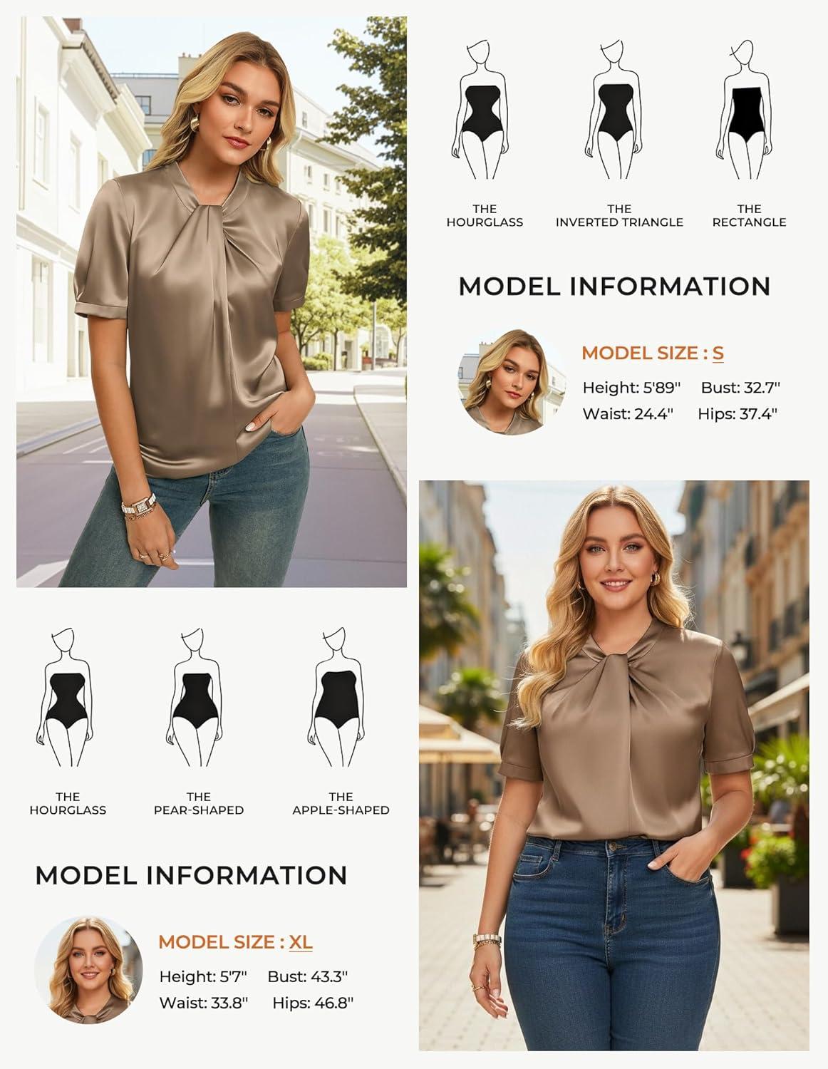 imageGRACE KARIN Dressy Tops for WomenShort Sleeve Satin BlouseBusiness Casual Office TopKhaki