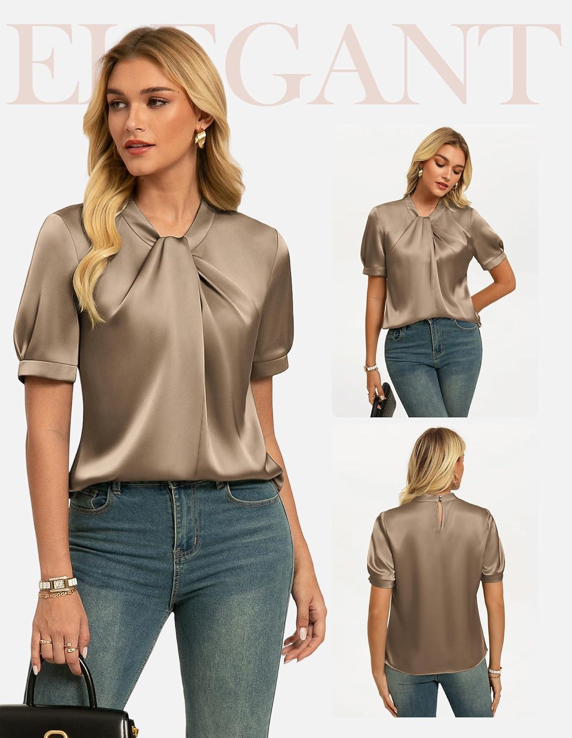 imageGRACE KARIN Dressy Tops for WomenShort Sleeve Satin BlouseBusiness Casual Office TopKhaki