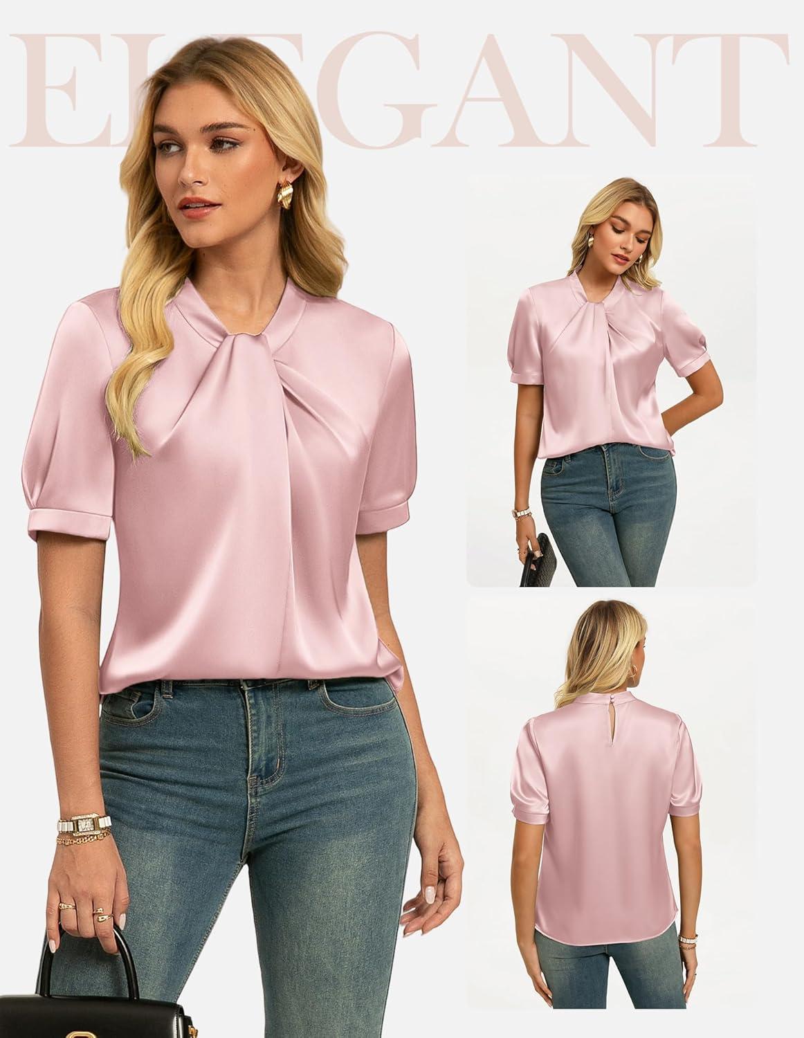 imageGRACE KARIN Dressy Tops for WomenShort Sleeve Satin BlouseBusiness Casual Office TopLight Pink
