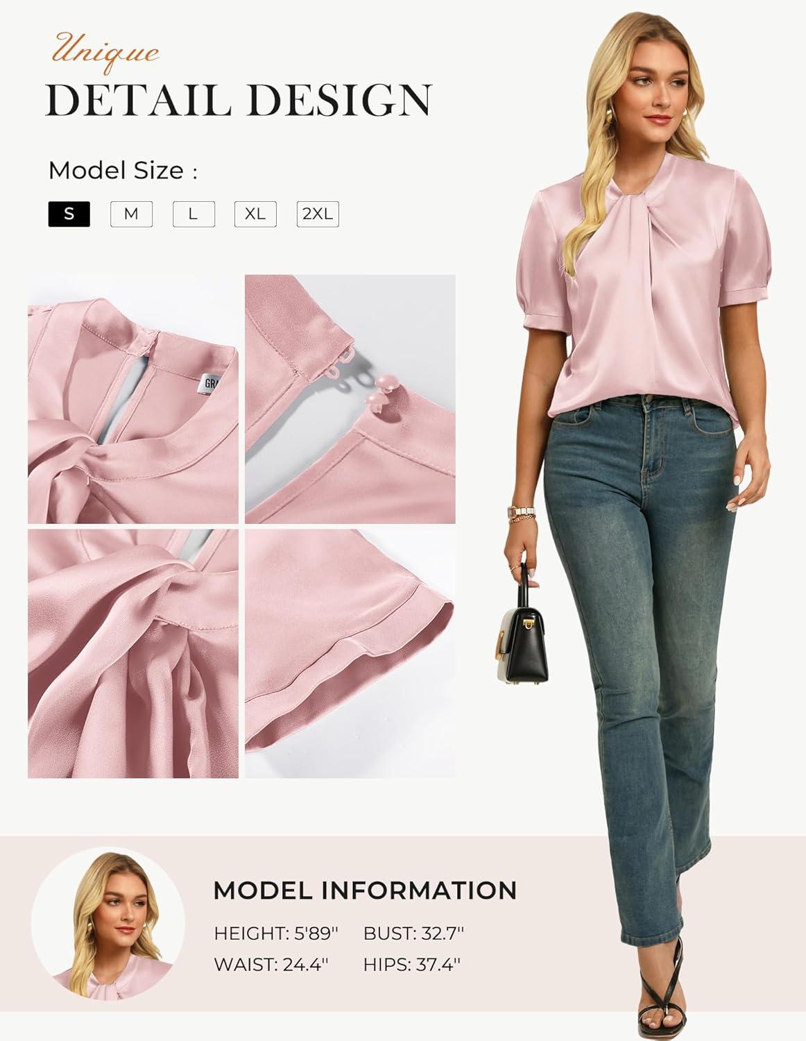 imageGRACE KARIN Dressy Tops for WomenShort Sleeve Satin BlouseBusiness Casual Office TopLight Pink