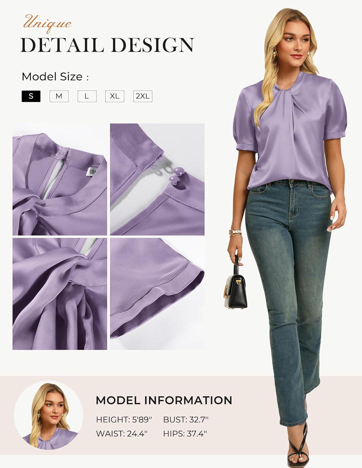 imageGRACE KARIN Dressy Tops for WomenShort Sleeve Satin BlouseBusiness Casual Office TopLilac Purple