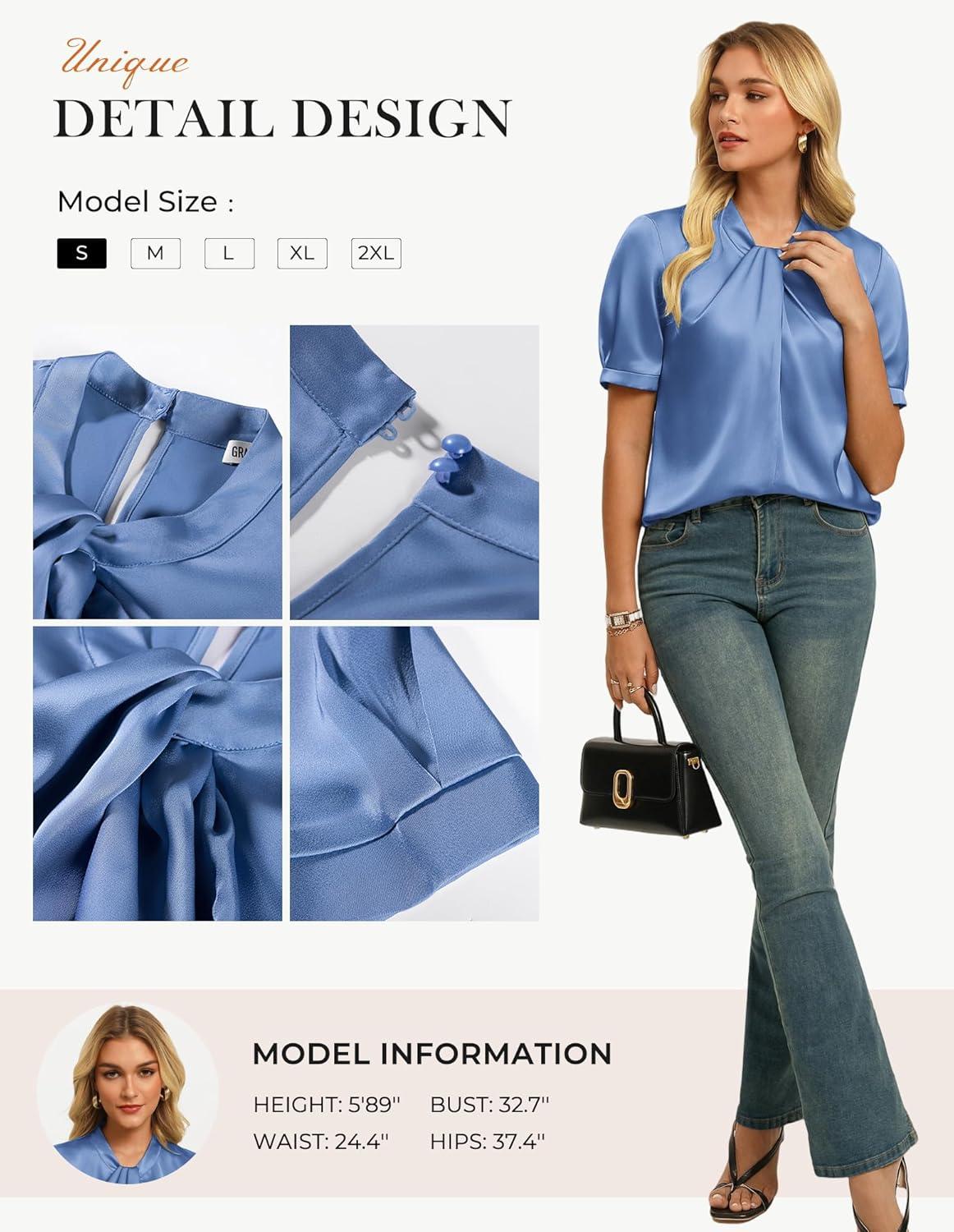 imageGRACE KARIN Dressy Tops for WomenShort Sleeve Satin BlouseBusiness Casual Office TopSlate Blue