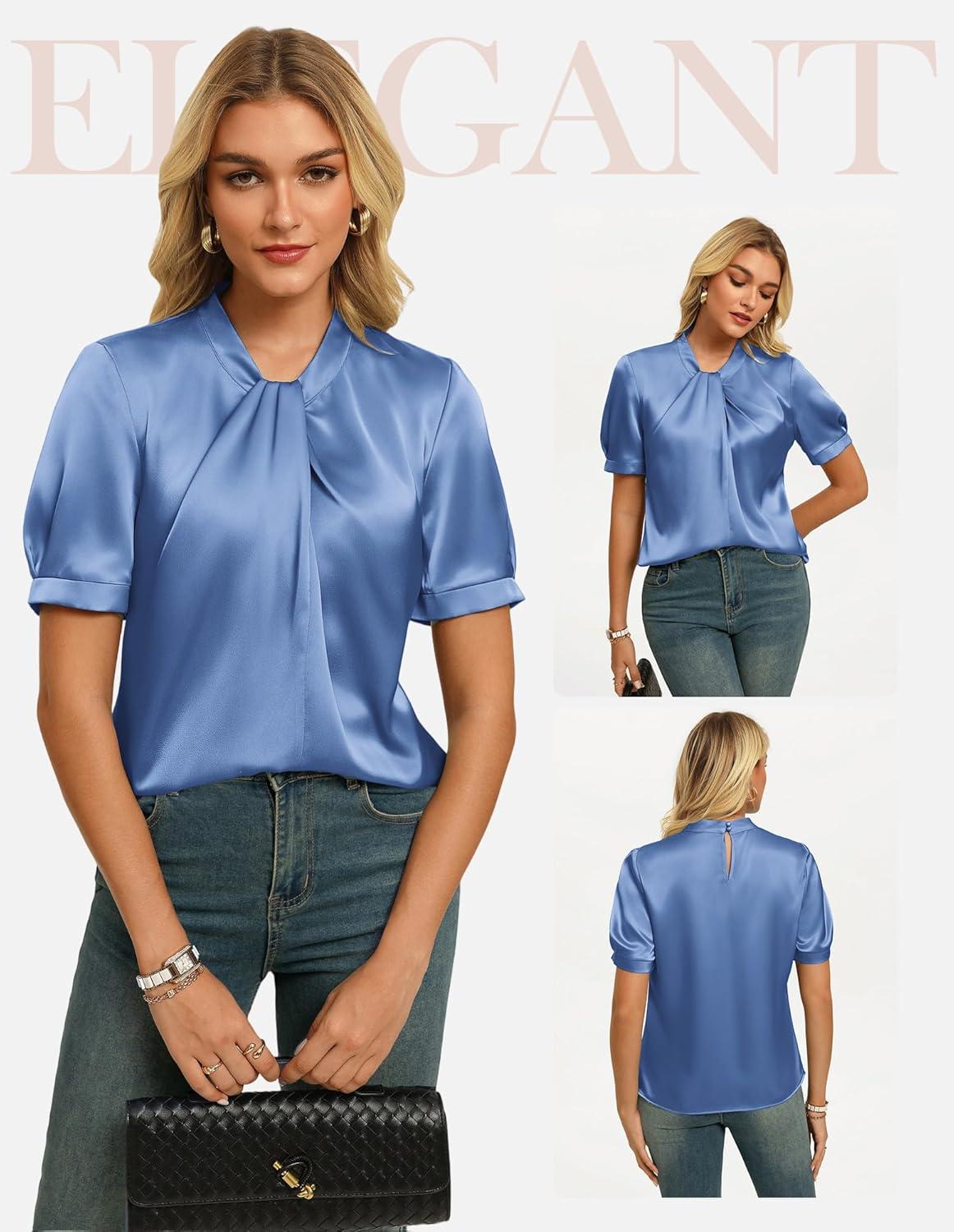 imageGRACE KARIN Dressy Tops for WomenShort Sleeve Satin BlouseBusiness Casual Office TopSlate Blue