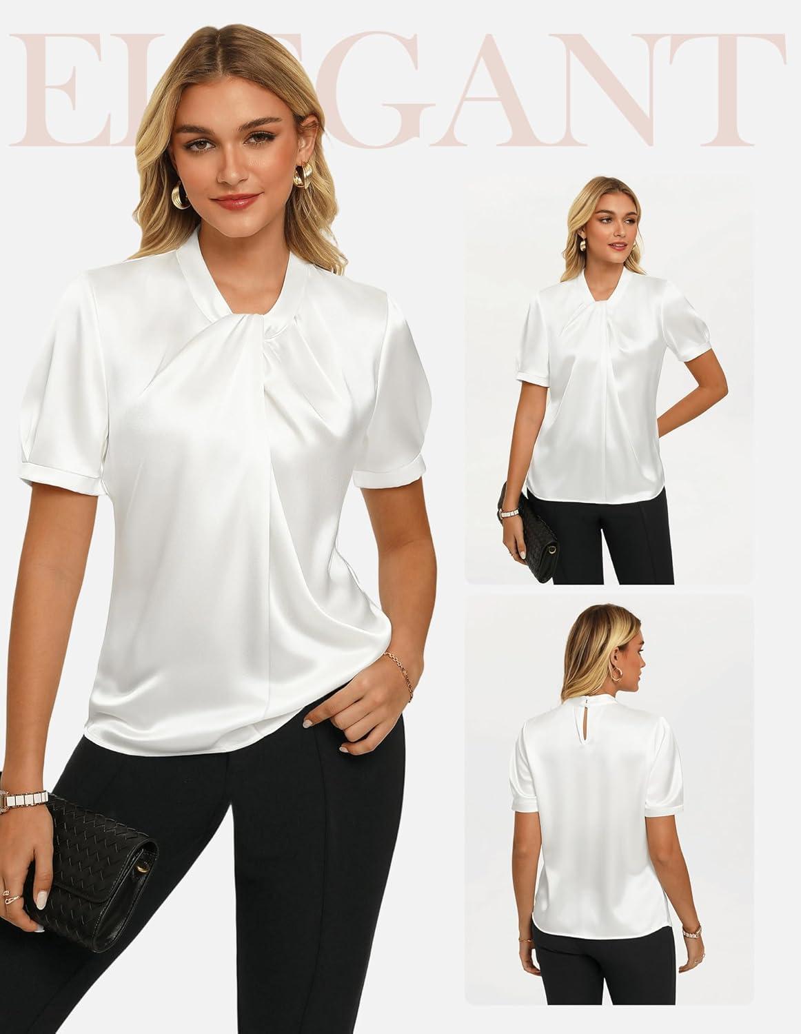 imageGRACE KARIN Dressy Tops for WomenShort Sleeve Satin BlouseBusiness Casual Office TopWhite