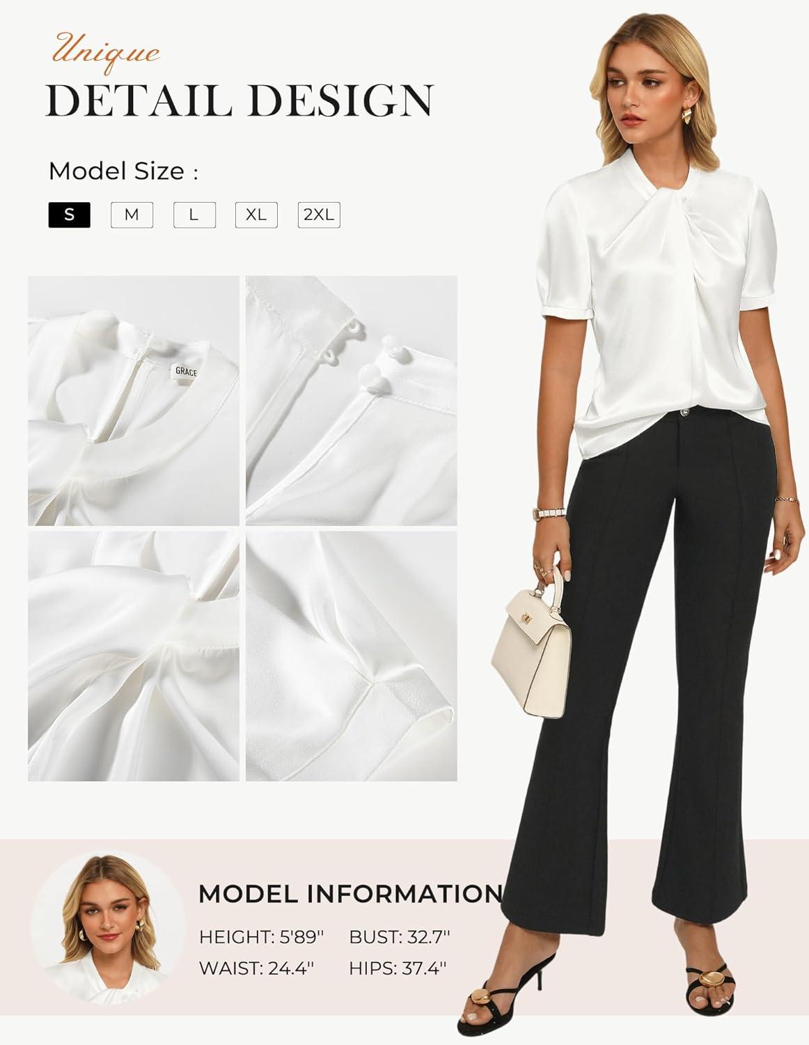 imageGRACE KARIN Dressy Tops for WomenShort Sleeve Satin BlouseBusiness Casual Office TopWhite