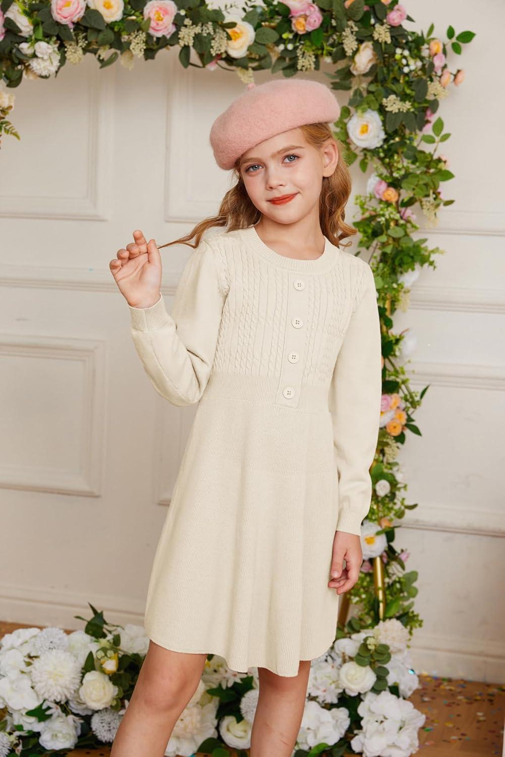 imageGRACE KARIN Girl Dress Long Sleeve Sweater Ruffle Button Front Knit Casual Fall Winter Dresses for Girls 512Cream