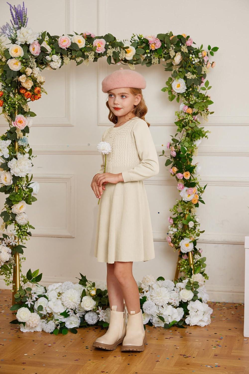 imageGRACE KARIN Girl Dress Long Sleeve Sweater Ruffle Button Front Knit Casual Fall Winter Dresses for Girls 512Cream