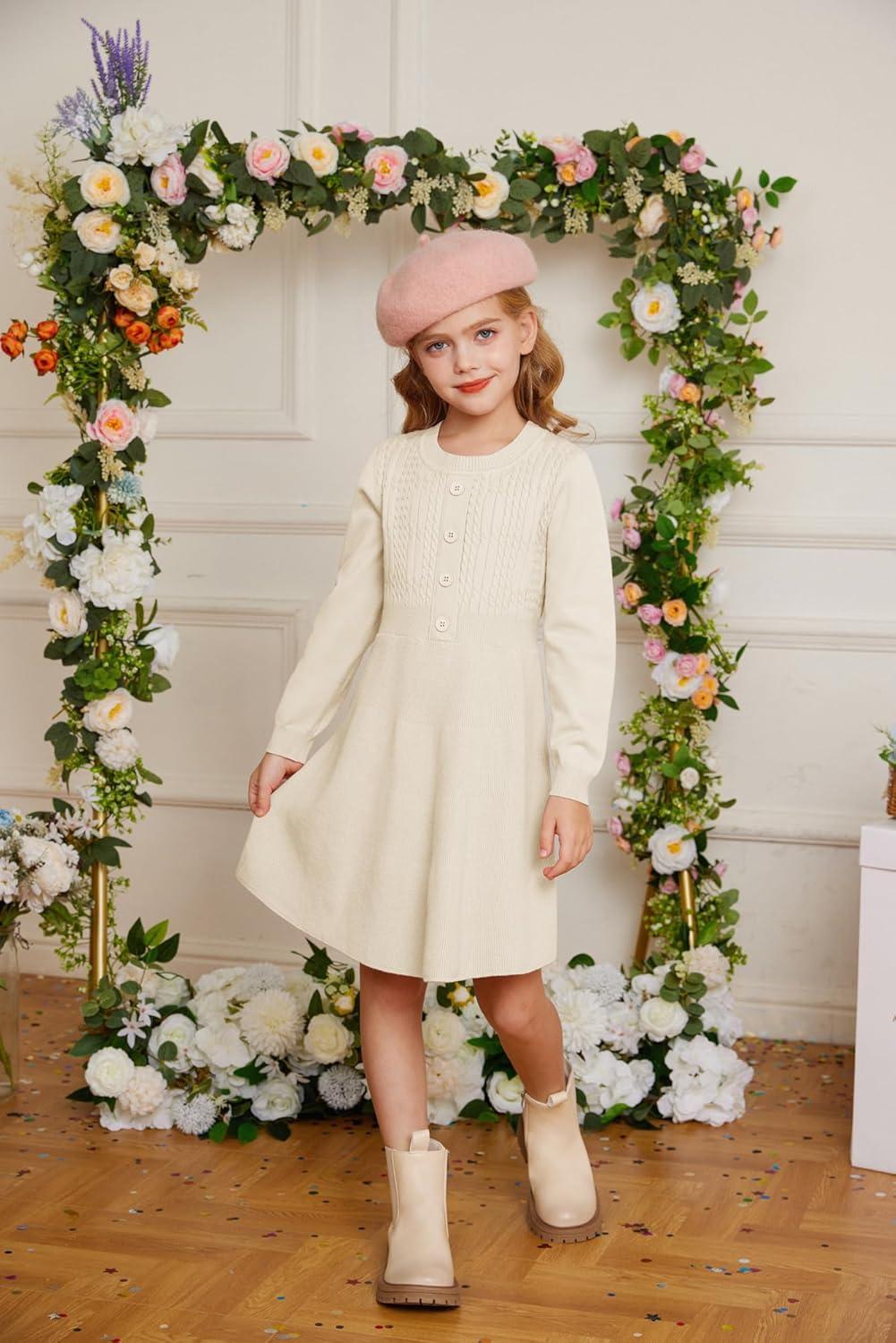 imageGRACE KARIN Girl Dress Long Sleeve Sweater Ruffle Button Front Knit Casual Fall Winter Dresses for Girls 512Cream