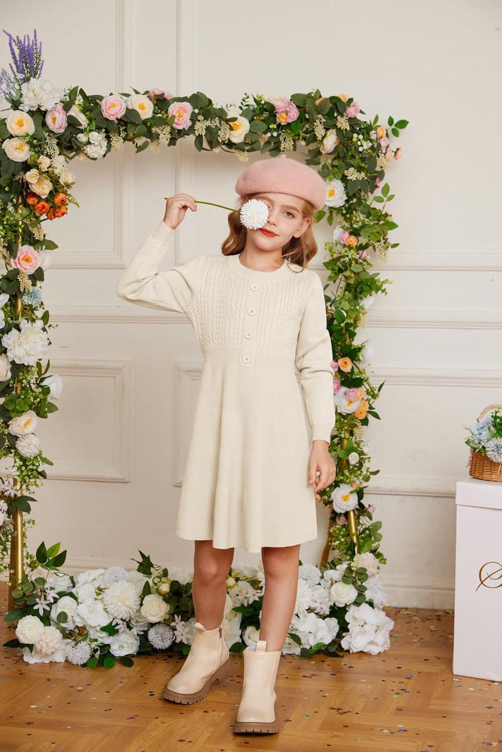 imageGRACE KARIN Girl Dress Long Sleeve Sweater Ruffle Button Front Knit Casual Fall Winter Dresses for Girls 512Cream