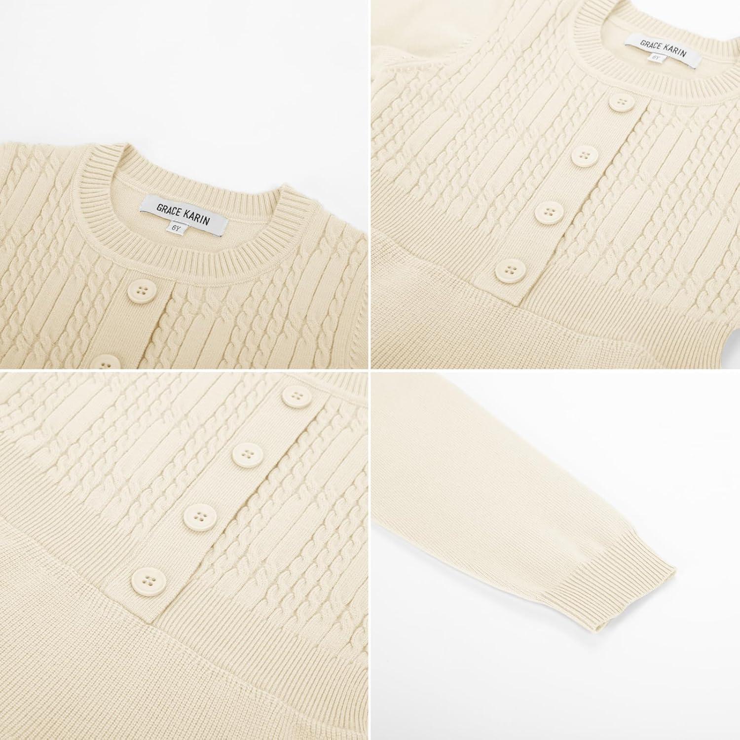 imageGRACE KARIN Girl Dress Long Sleeve Sweater Ruffle Button Front Knit Casual Fall Winter Dresses for Girls 512Cream