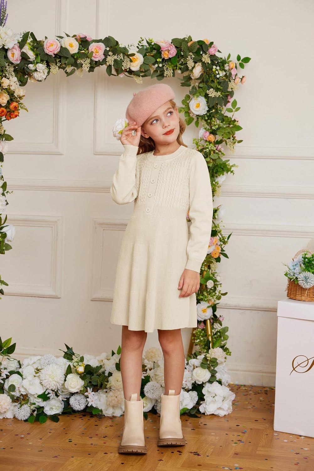 imageGRACE KARIN Girl Dress Long Sleeve Sweater Ruffle Button Front Knit Casual Fall Winter Dresses for Girls 512Cream