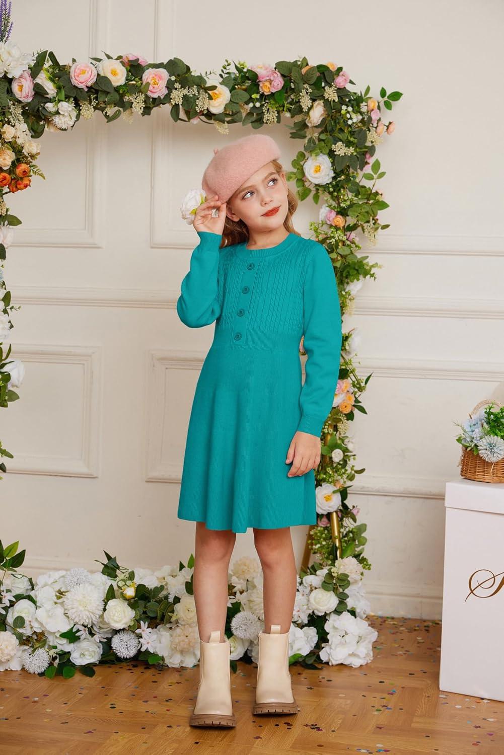 imageGRACE KARIN Girl Dress Long Sleeve Sweater Ruffle Button Front Knit Casual Fall Winter Dresses for Girls 512Diamond Green