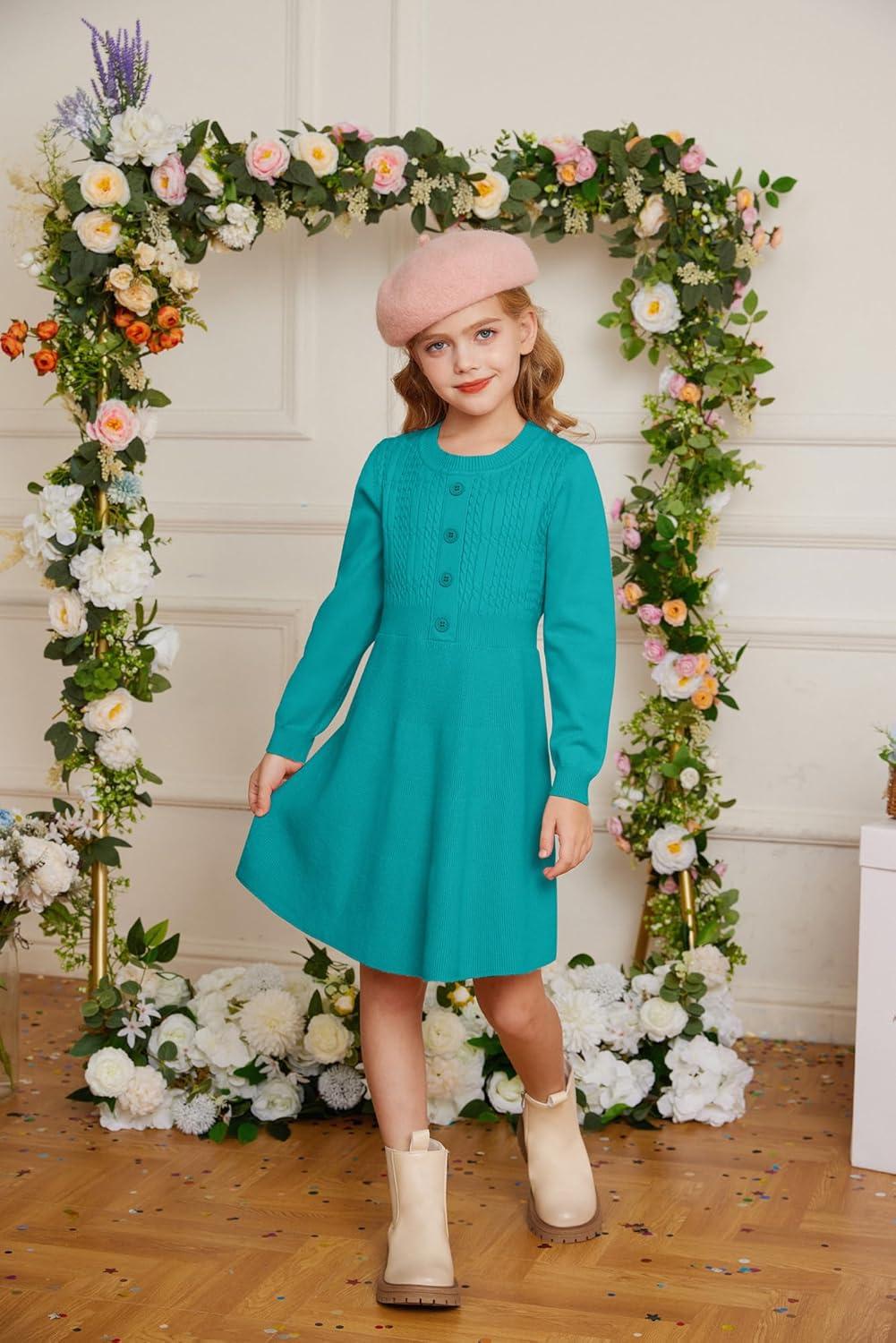 imageGRACE KARIN Girl Dress Long Sleeve Sweater Ruffle Button Front Knit Casual Fall Winter Dresses for Girls 512Diamond Green