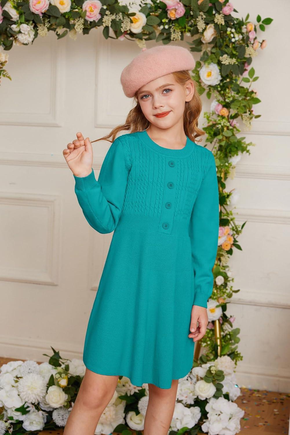 imageGRACE KARIN Girl Dress Long Sleeve Sweater Ruffle Button Front Knit Casual Fall Winter Dresses for Girls 512Diamond Green