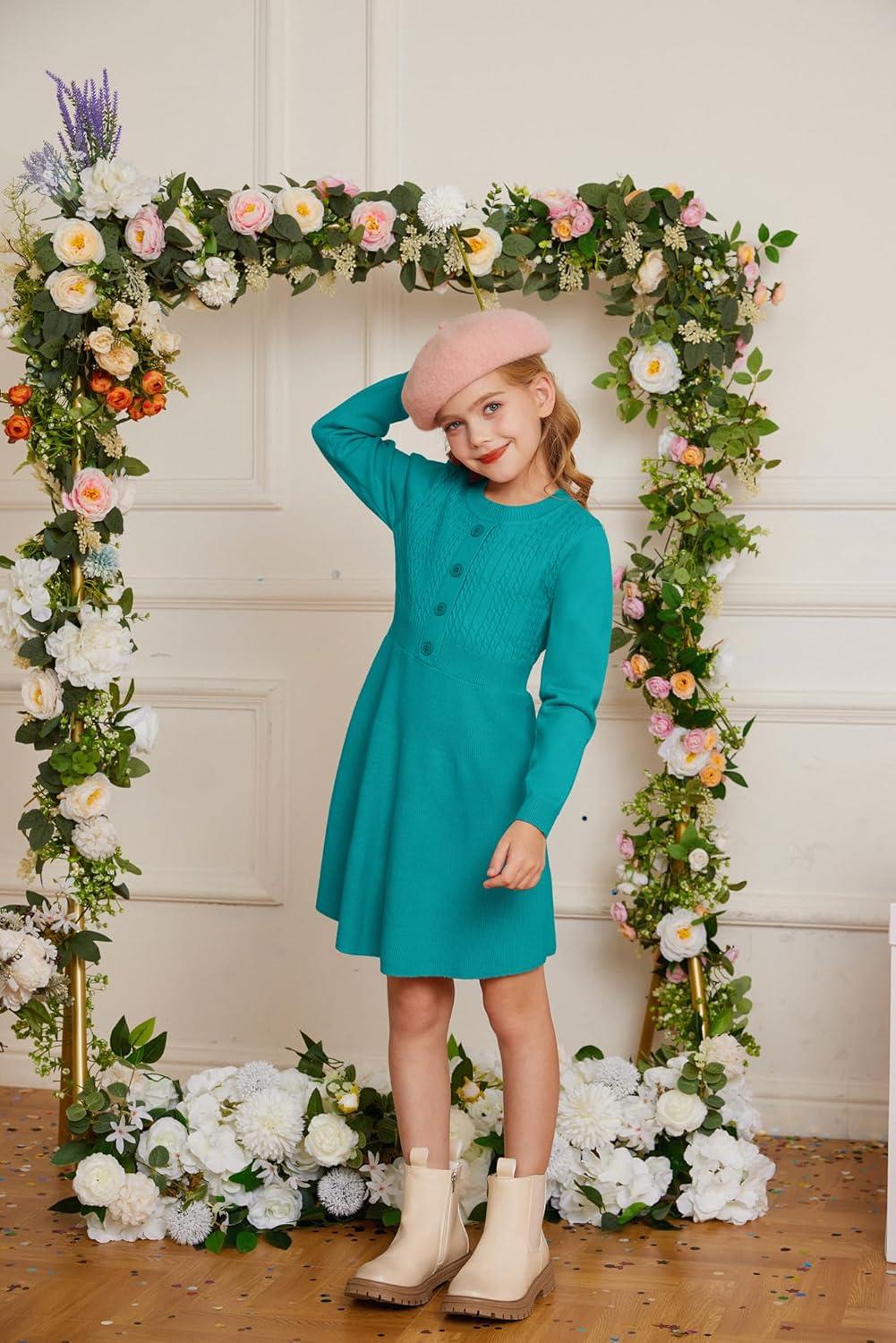 imageGRACE KARIN Girl Dress Long Sleeve Sweater Ruffle Button Front Knit Casual Fall Winter Dresses for Girls 512Diamond Green