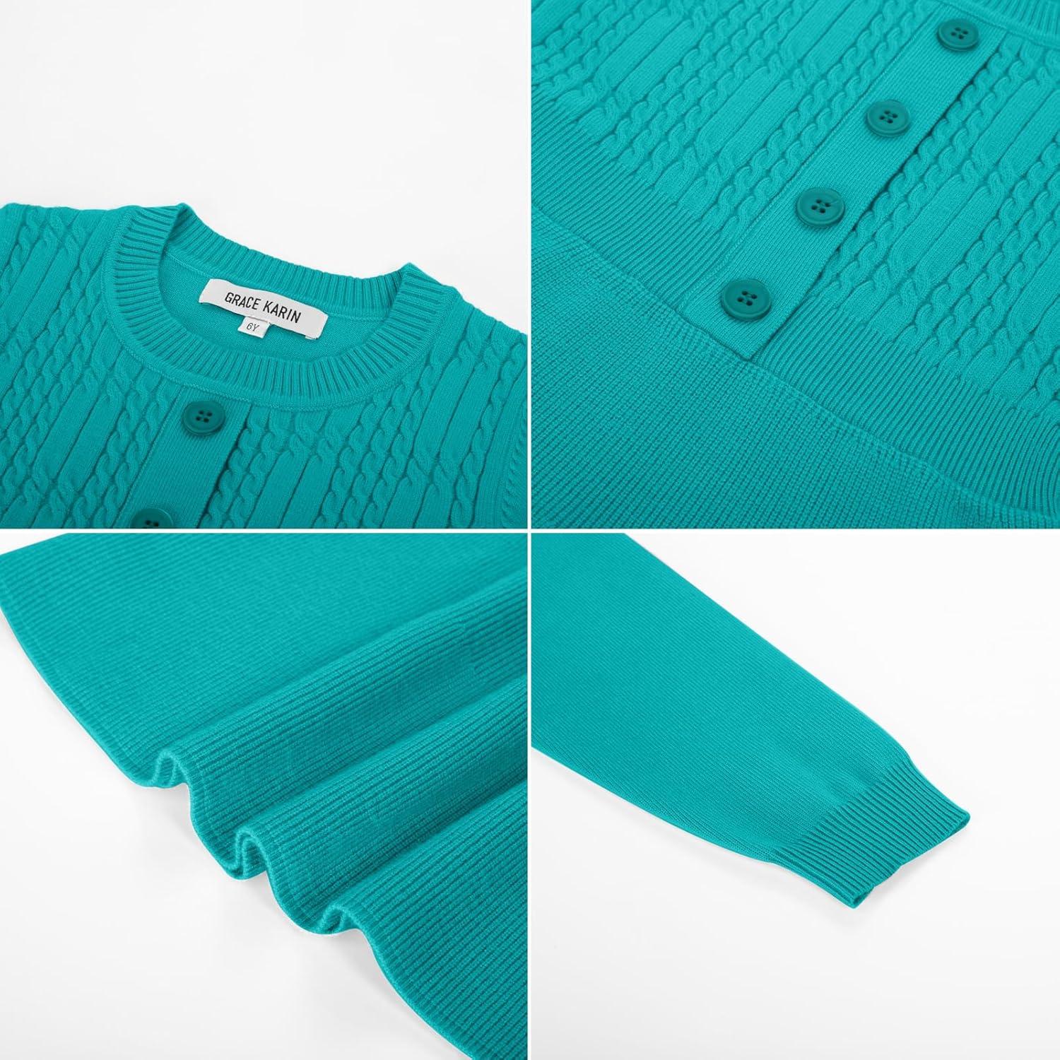 imageGRACE KARIN Girl Dress Long Sleeve Sweater Ruffle Button Front Knit Casual Fall Winter Dresses for Girls 512Diamond Green