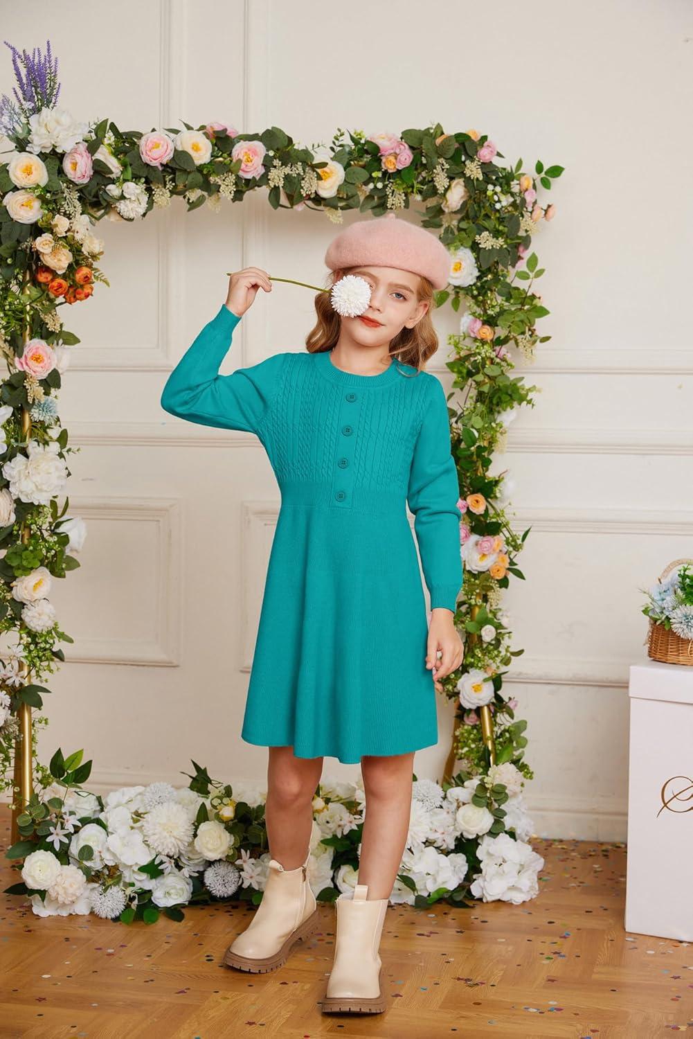 imageGRACE KARIN Girl Dress Long Sleeve Sweater Ruffle Button Front Knit Casual Fall Winter Dresses for Girls 512Diamond Green