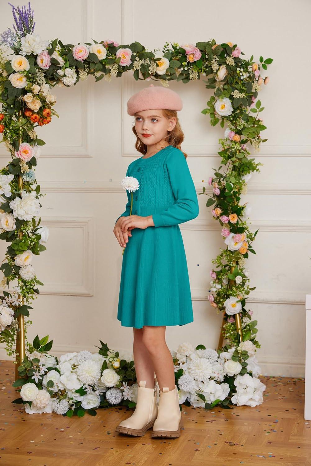imageGRACE KARIN Girl Dress Long Sleeve Sweater Ruffle Button Front Knit Casual Fall Winter Dresses for Girls 512Diamond Green