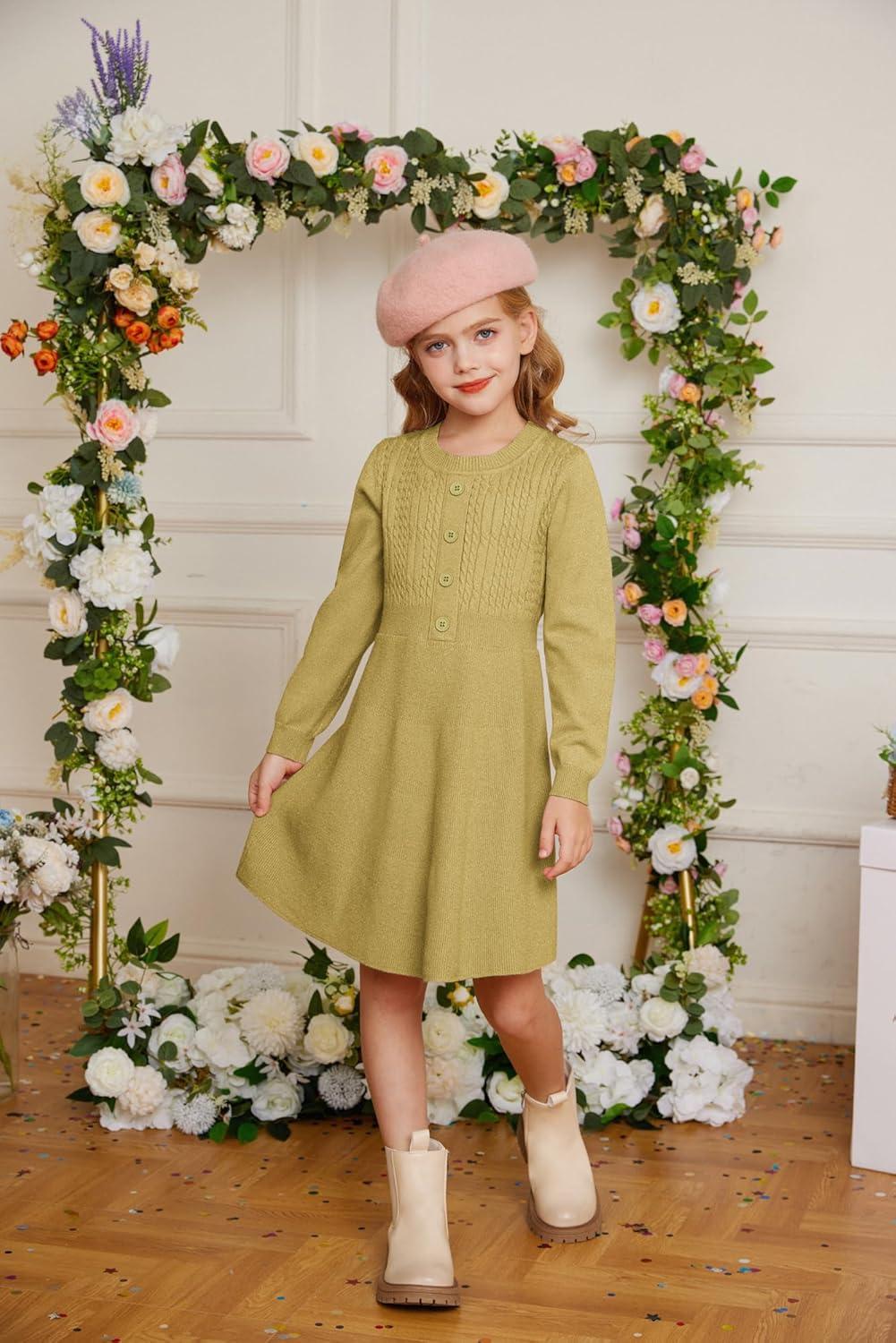 imageGRACE KARIN Girl Dress Long Sleeve Sweater Ruffle Button Front Knit Casual Fall Winter Dresses for Girls 512Grass Yellow