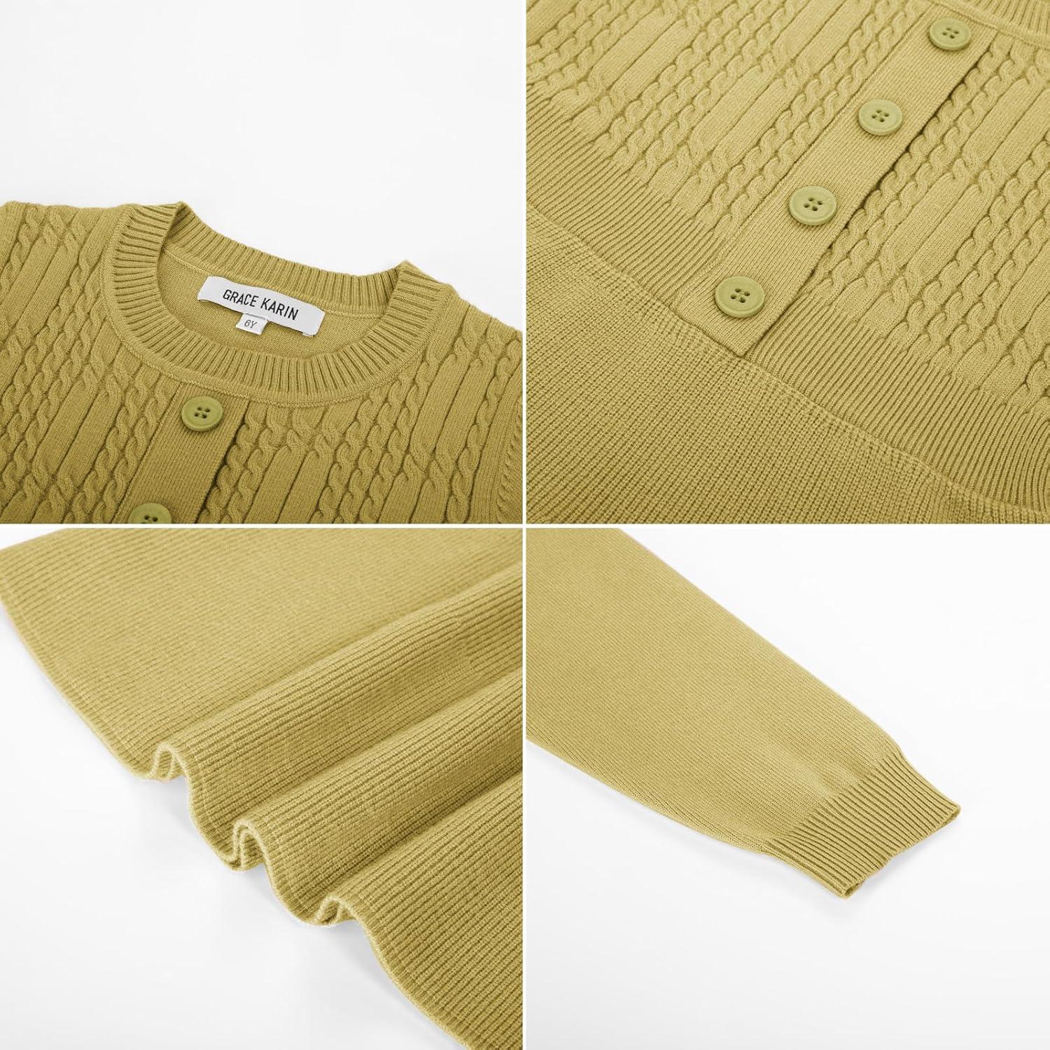 imageGRACE KARIN Girl Dress Long Sleeve Sweater Ruffle Button Front Knit Casual Fall Winter Dresses for Girls 512Grass Yellow