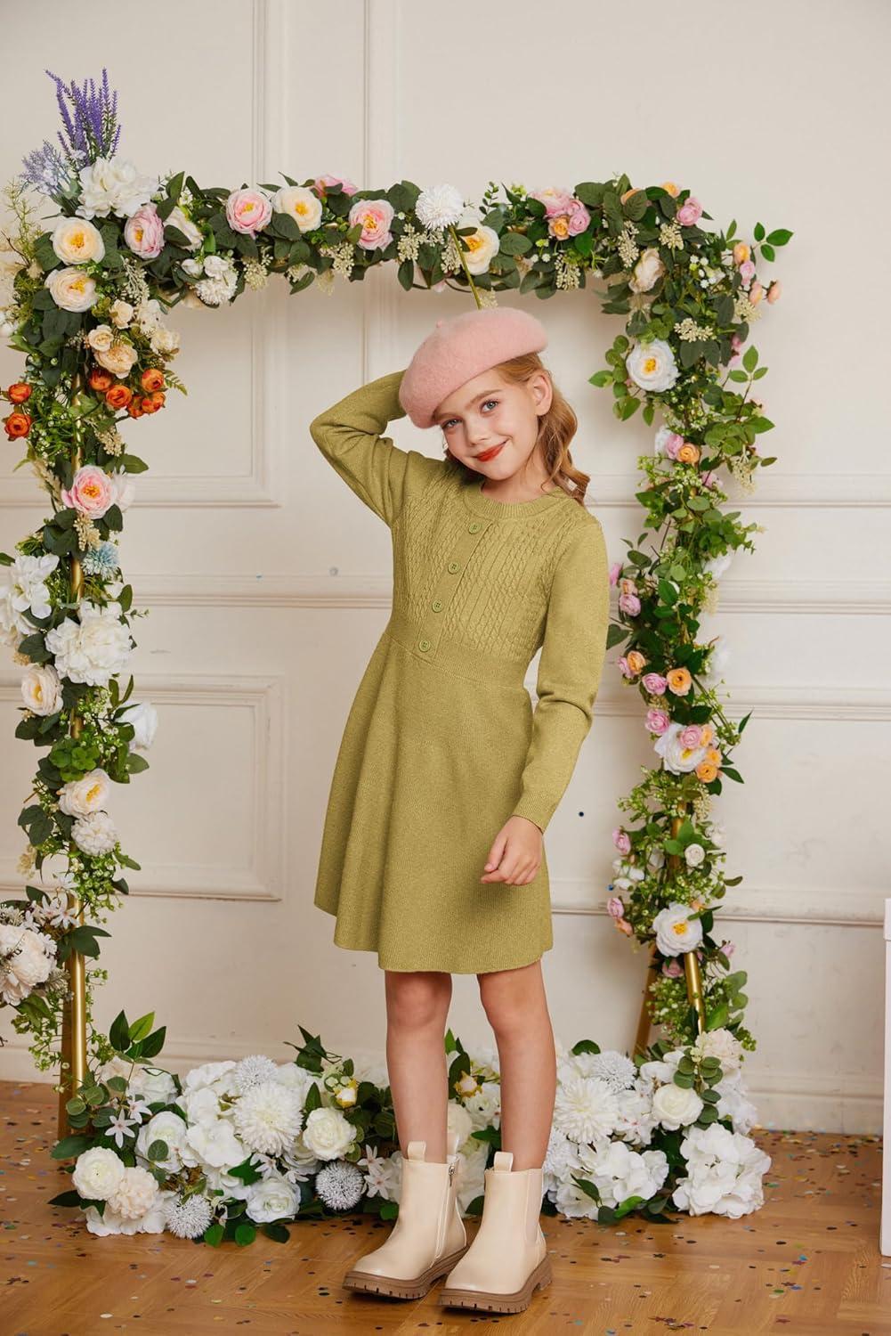 imageGRACE KARIN Girl Dress Long Sleeve Sweater Ruffle Button Front Knit Casual Fall Winter Dresses for Girls 512Grass Yellow
